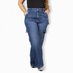 Jeans wide leg cargo talla grande azul oscuro tiro alto elasticado para mujer.