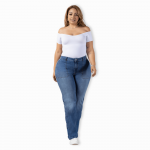 Jeans bota recta talla grande azul medio tiro alto elasticado para mujer.