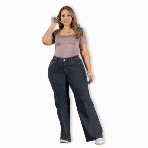 Jeans wide leg talla grande azul oscuro tiro alto elasticado para mujer.