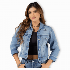 Chaqueta denim clásica para mujer en azul medio con tela elasticada