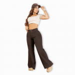 Jeans wide leg café para mujer con tiro alto y tela elasticada